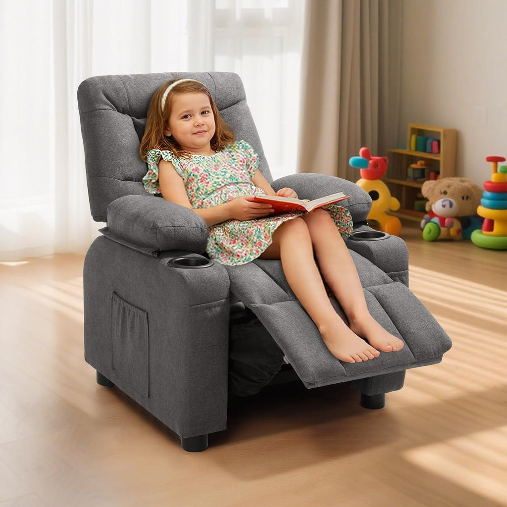 Kids Recliner Chair, Toddler Lounger with Cup Holders & Pockets, 107° to 126° Adjustable Back, Breathable Polyester