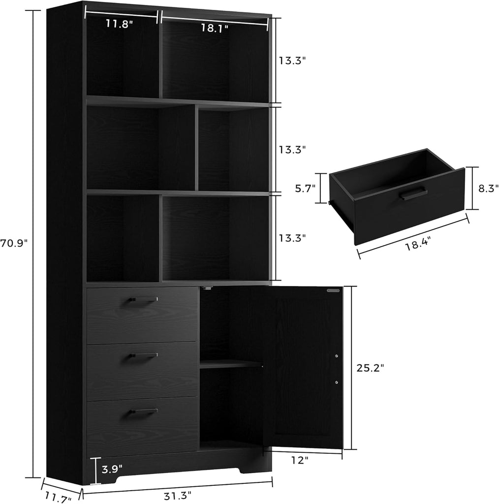 Bookshelf, 70.9 Inch Tall Bookcase, Black Book Shelf with Doors and 3 Drawers, 3-Tier Bookshelves with 6 Open Cubes