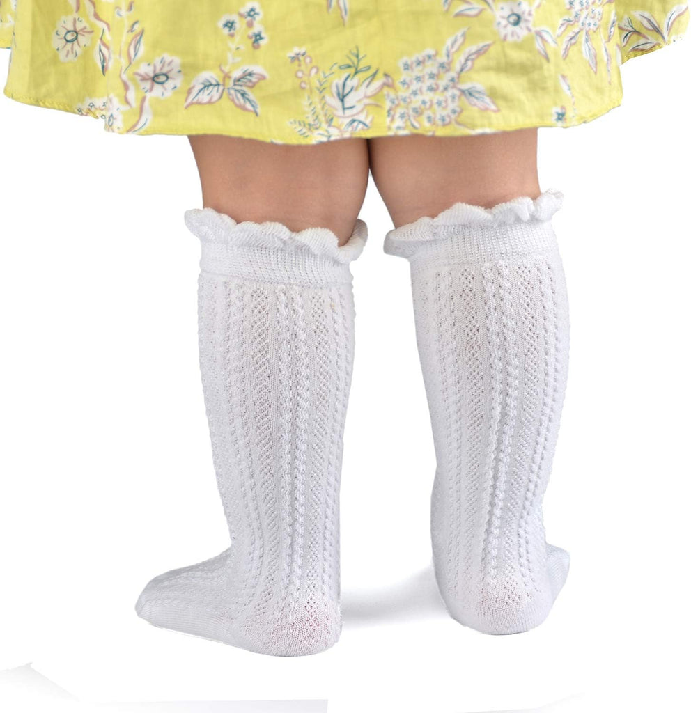 Girls Cotton Knee High Socks Mesh Ruffle School Uniform Long Socks