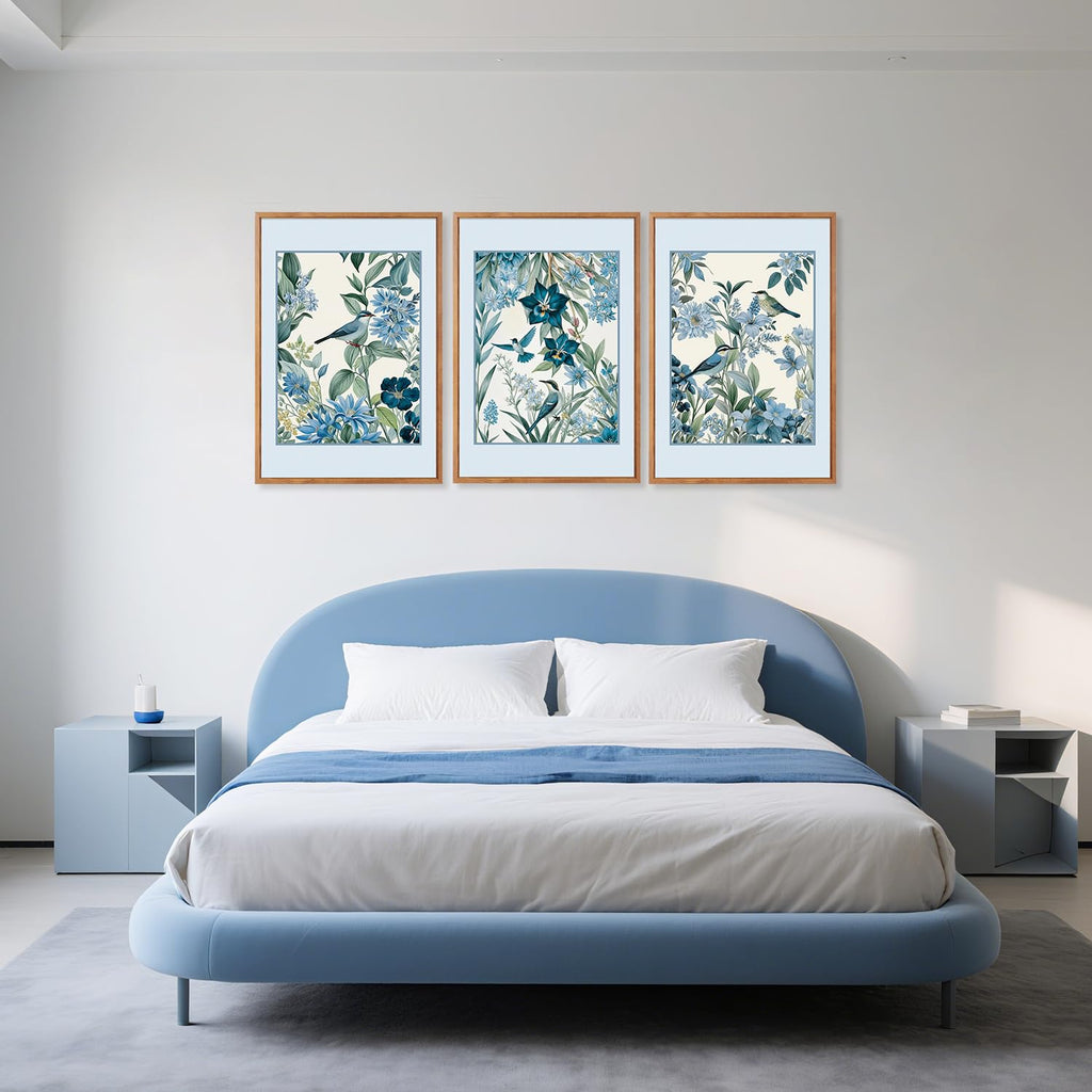 3 Pcs Blue Birds Flowers Framed Canvas Wall Art 24x36 Inch
