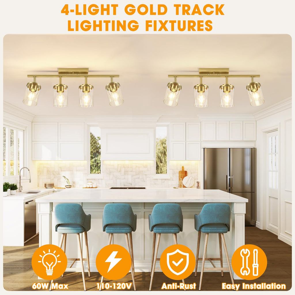 Kitchen Track Lighting Fixtures Ceiling, Gold Semi Flush Mount Ceiling Light with Clear Glass