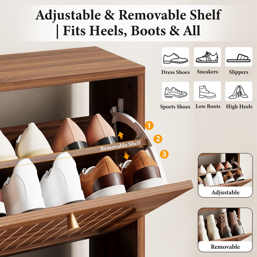 Arch-Chic Shoe Cabinet, Modern Mid-Century Shoe Storage Cabinet with Fluted, Narrow Shoe Rack with Adjustable