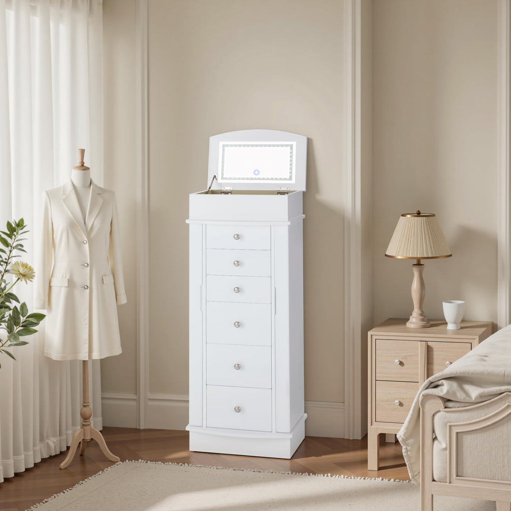 Jewelry Cabinet with LED Mirror and 6 Drawers, White