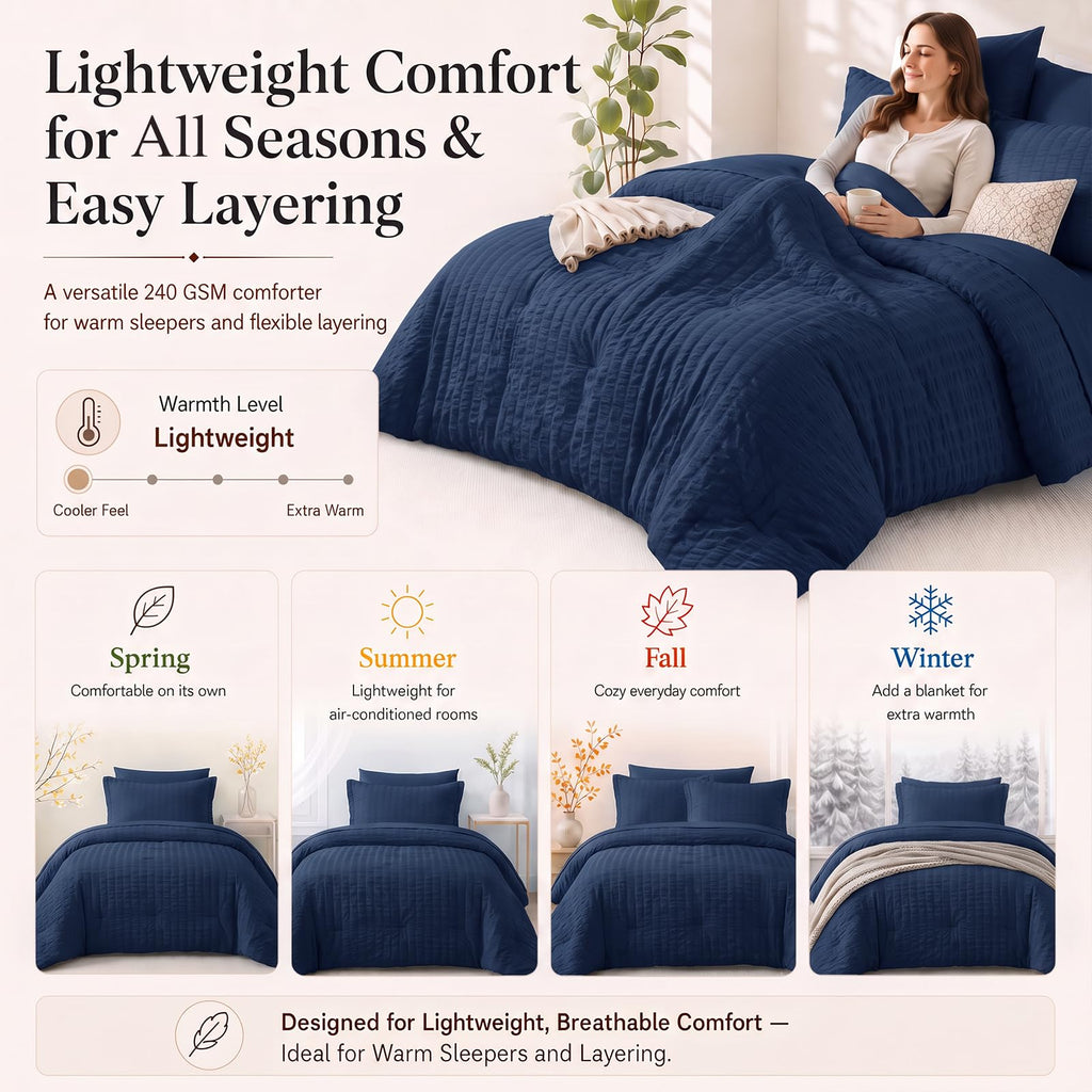Comforter Set 120x98, 7-Piece Navy Blue Seersucker