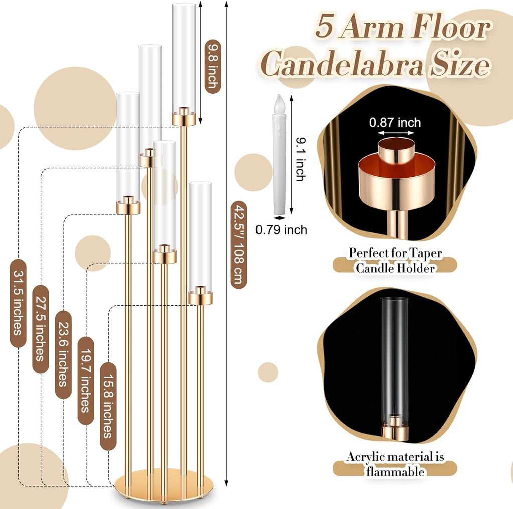 4 Sets Acrylic Candelabra Centerpieces 42.5" Tall Clear Candle Holders Pillar Taper Candlestick with Lampshades 5 Arm