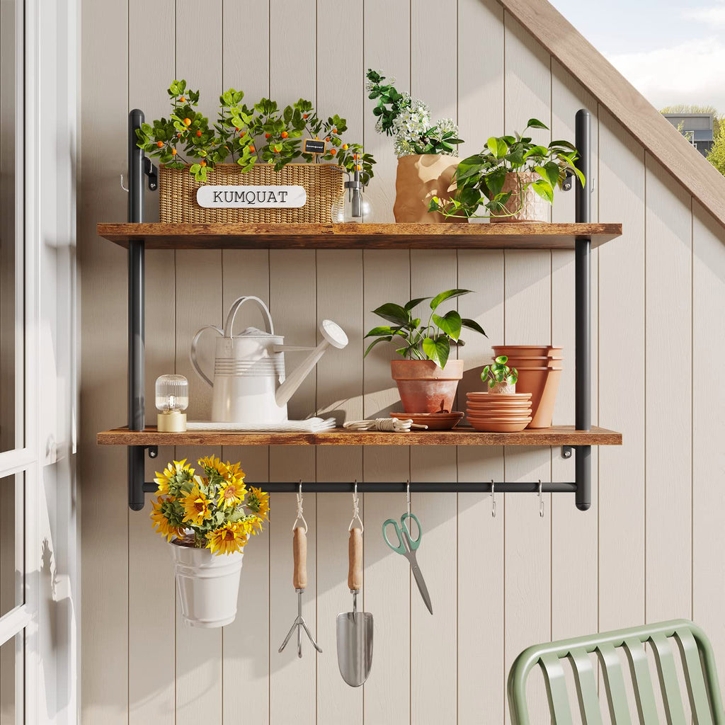 31" Industrial Pipe Wall Shelf with Towel Bar, Rustic Brown