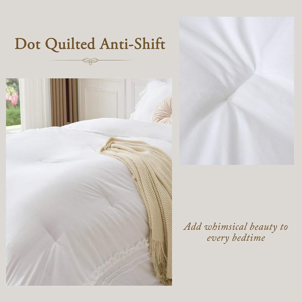 White Ruffle Comforter Set, 3 Pieces Lightweight Fluffy All Season Bedding, Farmhouse Boho Bed Sets with