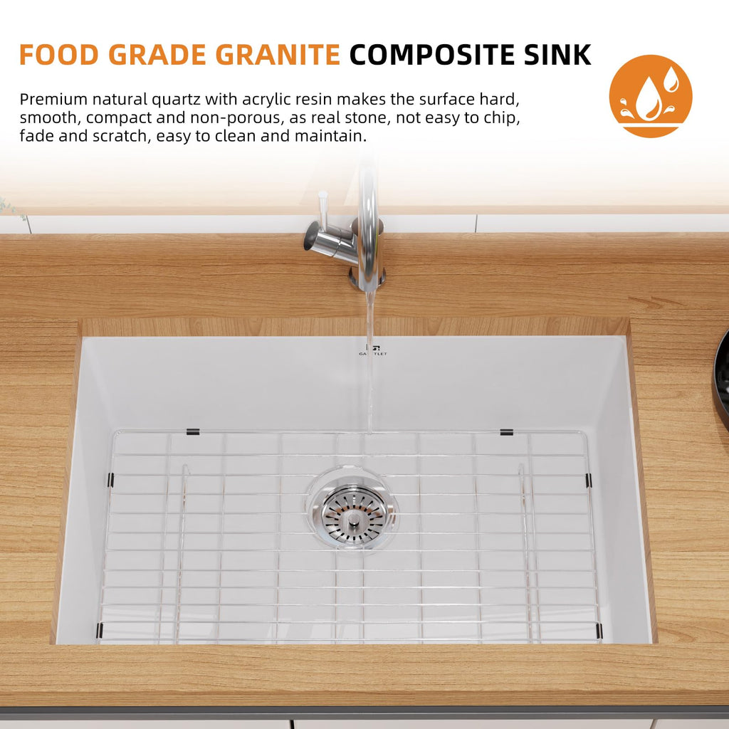 Quartz Kitchen Sink, 27 Inch White Undermount Kitchen Sinks, Deep Single Bowl Granite Composite Sink, Modern Sinks