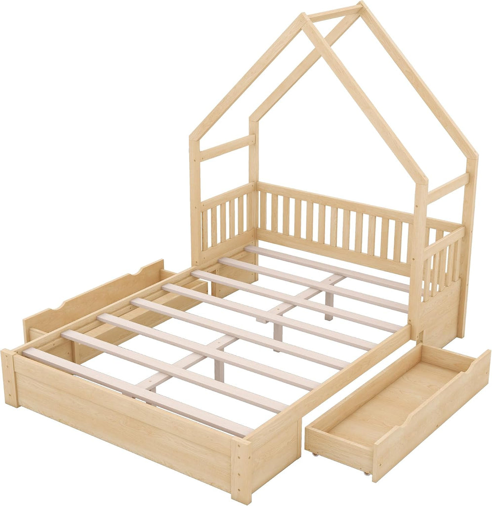 Queen Size Wood House Platform Bed with 2 Drawer for Toddlers and Baby, Modern Montessori Platform Bed Frame, No Box