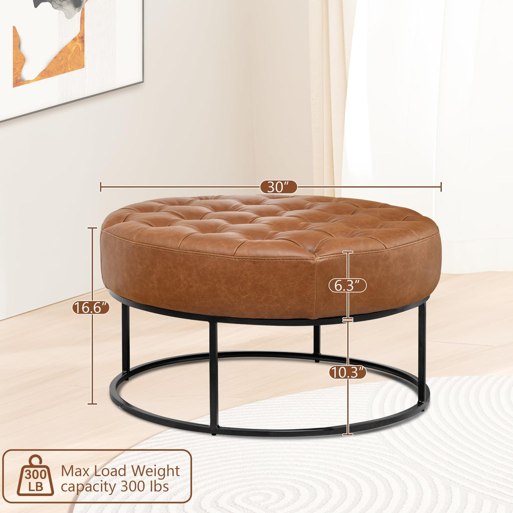 Modern Genuine Leather Round Coffee Table, 30'' Farmhouse Ottoman, Large Vintage Genuine Leather Coffee Tables with