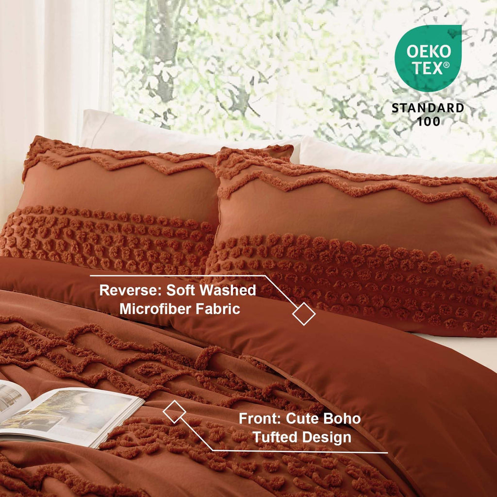 Terracotta Tufted Comforter Set, 3 Pieces King Boho Bedding Set