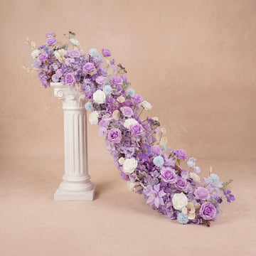 72inch Aisle Flower Garland with Chiffon Sheer Drape, Artificial Flowers Purple & White Rose with Hydrangea, Floral