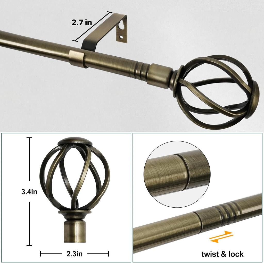 Antique Brass Curtain Rod, 5/8 inch Curtain Rod Set with Twisted Finials Ends, Heavy Duty Drapery Rod