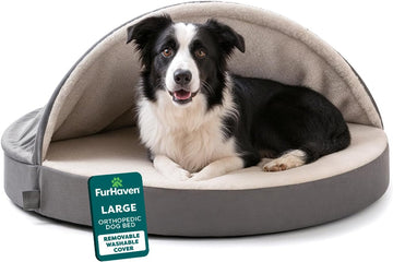 Round Orthopedic Dog Bed for Large Dogs, Egg Crate with a Solid Orthopedic Foam Base with Attached Blanket Hood and Removable Washable Cover, Large, Sherpa & Suede Snuggery, Gray