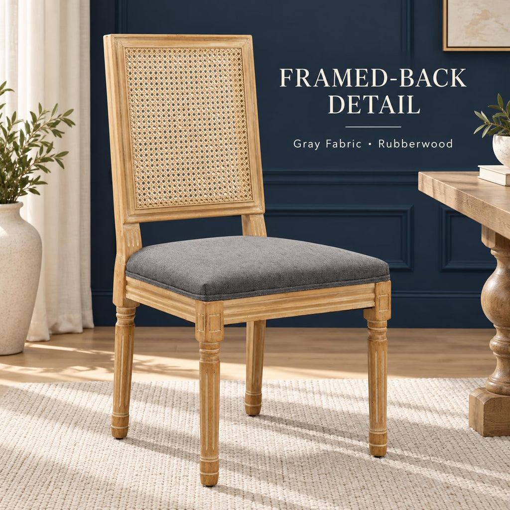 Vintage French Country Dining Chairs Set of 4, Rattan Dining Chairs with Solid Wood Legs, Gray Upholstered Chair with