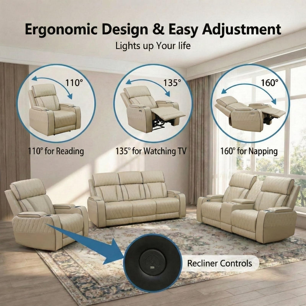 3-Piece Power Recliner Set with LED Lights, Quilted Air Leather Recliner Sofa with USB Port/Storage/Cup Holder/Reader