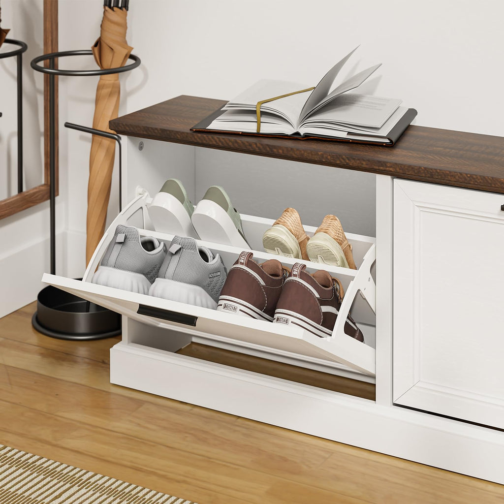Narrow Shoe Bench with Flip Drawers