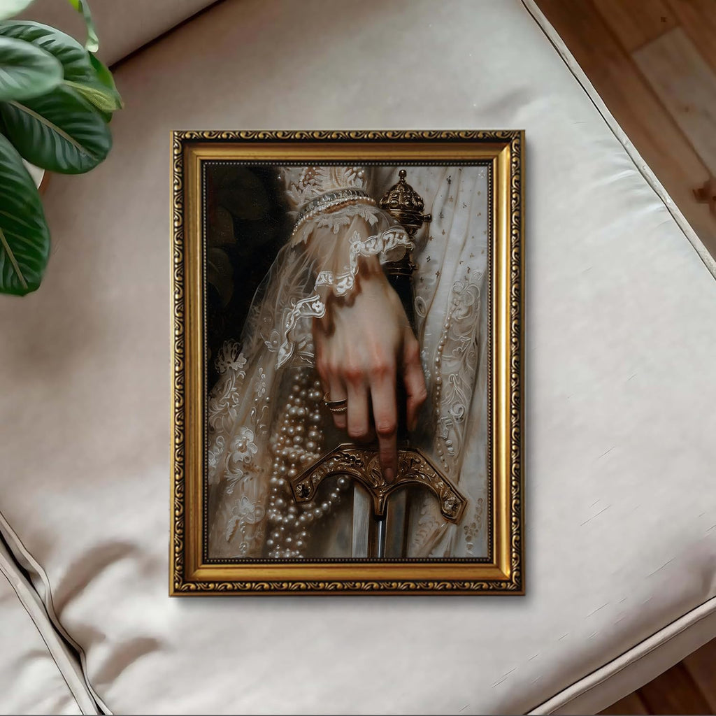 Vintage Gold Framed Wall Art Moody Dark Academia Canvas Wall Art Elegant Gothic Feminine Scene Pictures Wall Decor