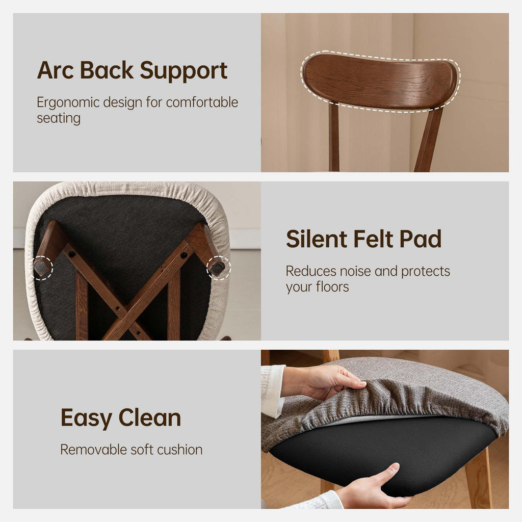100% Solid Oak Dining Chairs, Mid Century Modern Dining Chair with Curved Backrest, Fabric Upholstered Dining Chairs