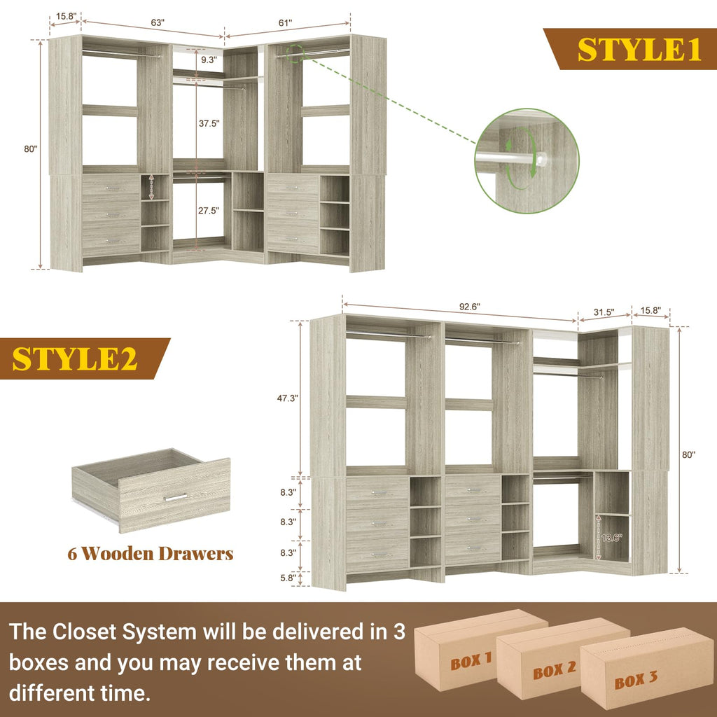 Closet System with 6 Drawers, 4 Hanging Rods & Corner Tower, Corner Closet System with Hanging,92.6" L-Shaped Walk-In