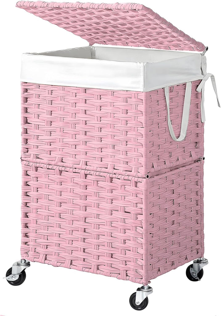 Wicker Laundry Basket with Wheels,Rolling Laundry Hamper with Lid | 90L Slim Clothes Hamper with Wheels & Removable