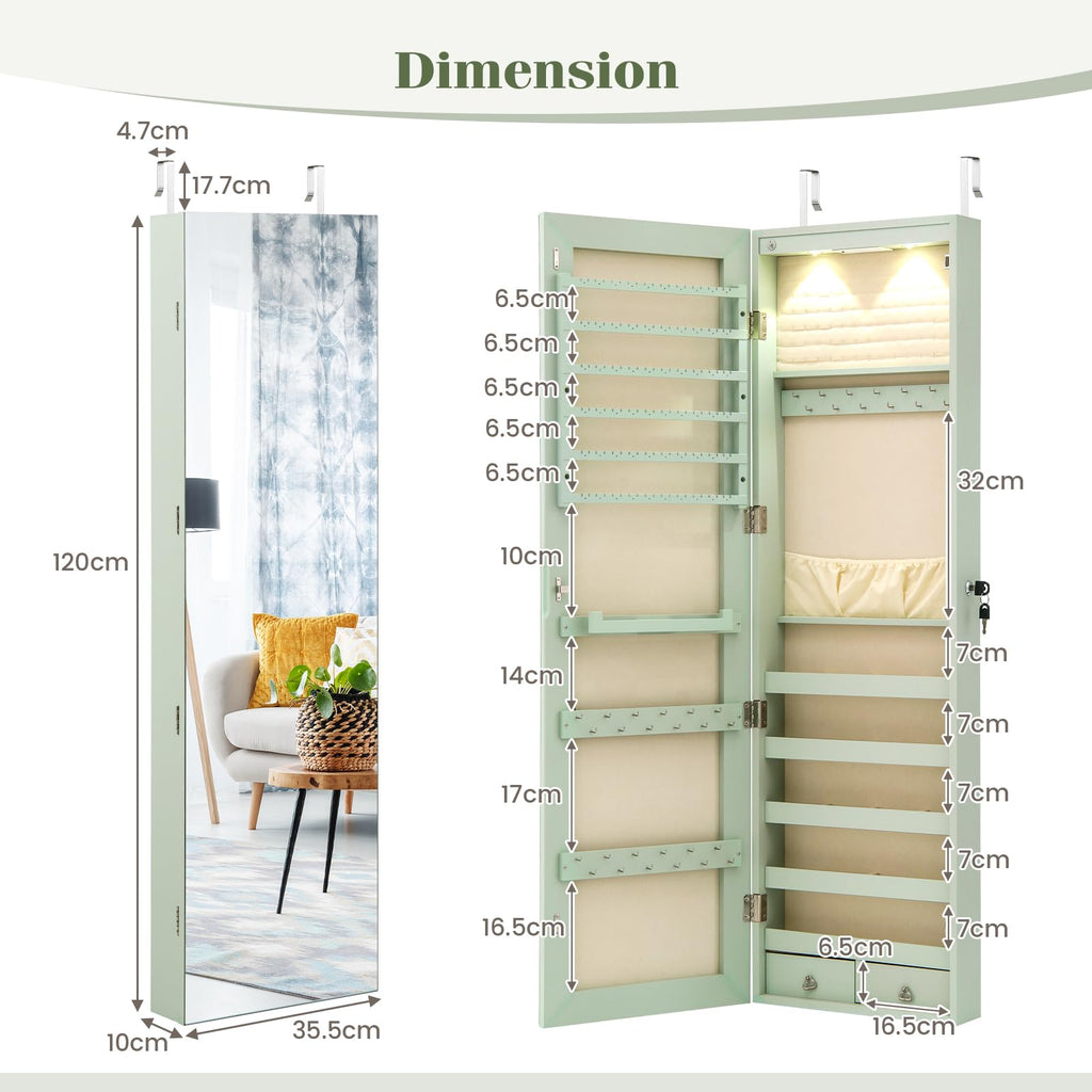 Wall Mounted Jewelry Armoire with Full Length Mirror & 2 LED Lights, Large Storage Capacity, Lockable Mirror Jewelry