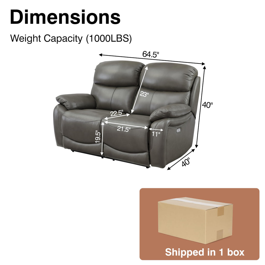 Grey Top Grain Leather Power Recliner Sofa Loveseat with USB Port.
