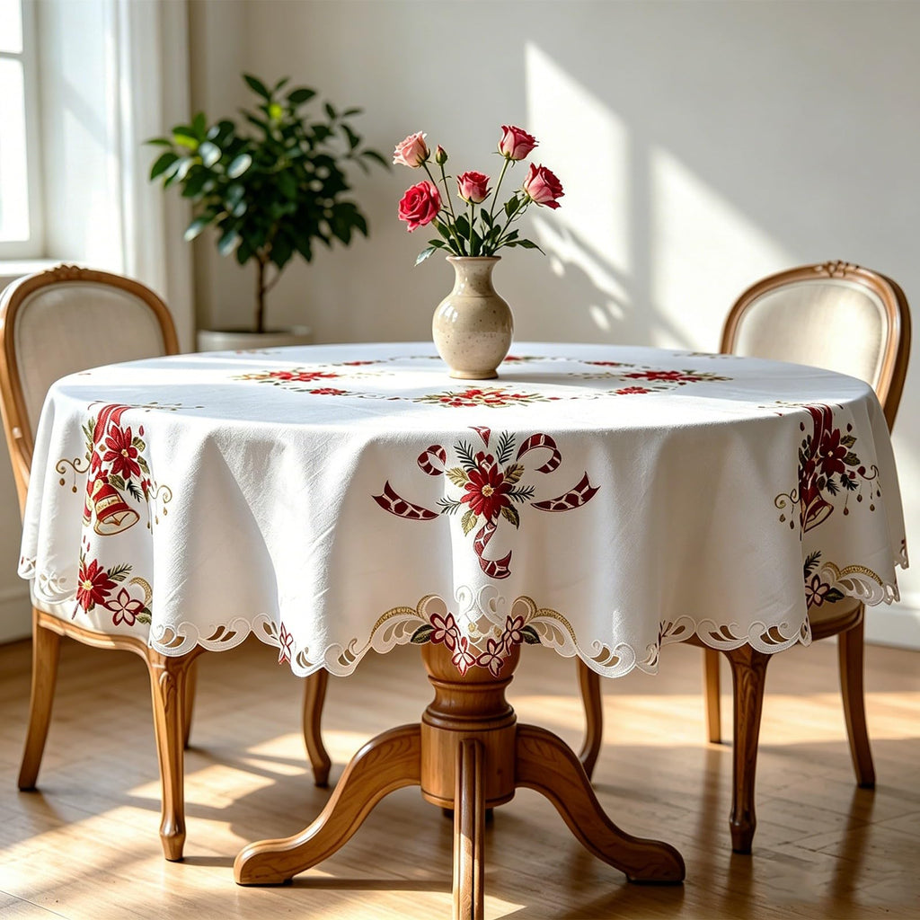 Holiday Tablecloth, White with Red Poinsettia Embroidered Design, Scalloped Edge, Christmas Dining Table Decor (Round