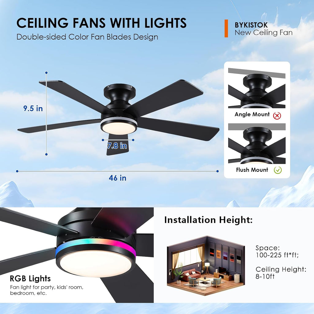 46In RGB Ceiling Fans with Lights - Black Flush Mount Ceiling Fan Light with Remote/APP, RGB+3CCT 6 Wind Speeds, Modern Low Profile Fan Light Fixture for Party, Kid's Room A101-B0F1L8ZTL1