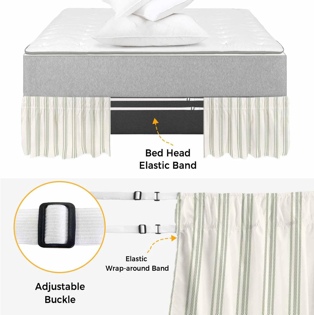 Wrap Around Bed Skirts for Queen Beds, Sage Green Stripe Geometric Beige Retro Farmhouse Decor Ruffle Bed Skirt with