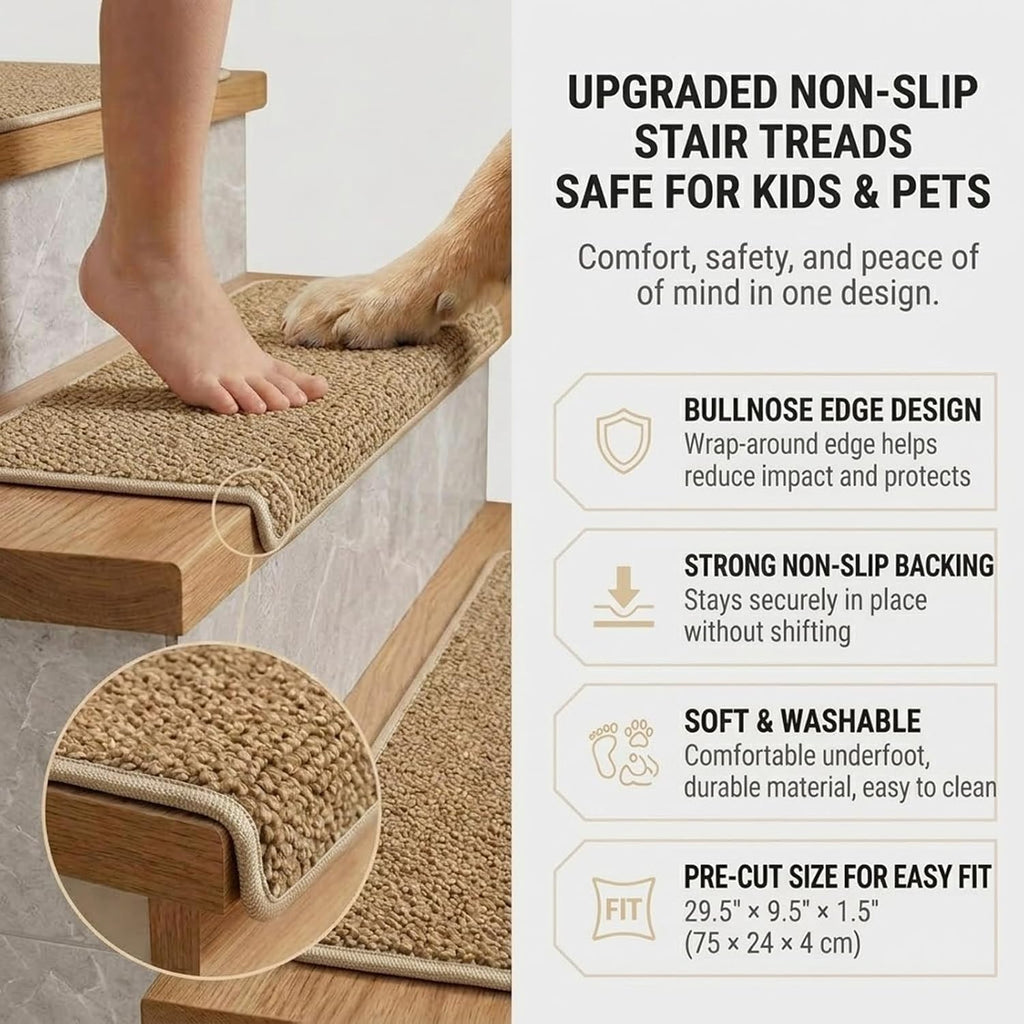 Bullnose Carpet Stair Treads, 29.5"x9.5"x1.5", 14pcs, Camel | Wood stair compatible, washable & reusable