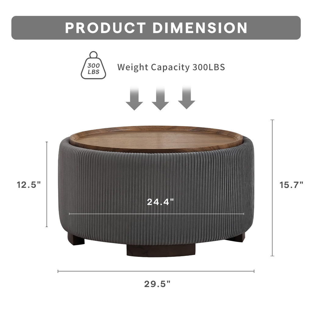 29.5 Inch Round Storage Ottoman Coffee Table, Grey Velvet