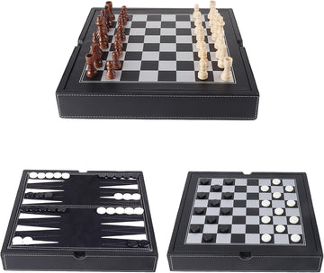 GSE 12.5" Leather 3-in-1 Chess Checkers Backgammon Set for Kids & Adults - Set of 32