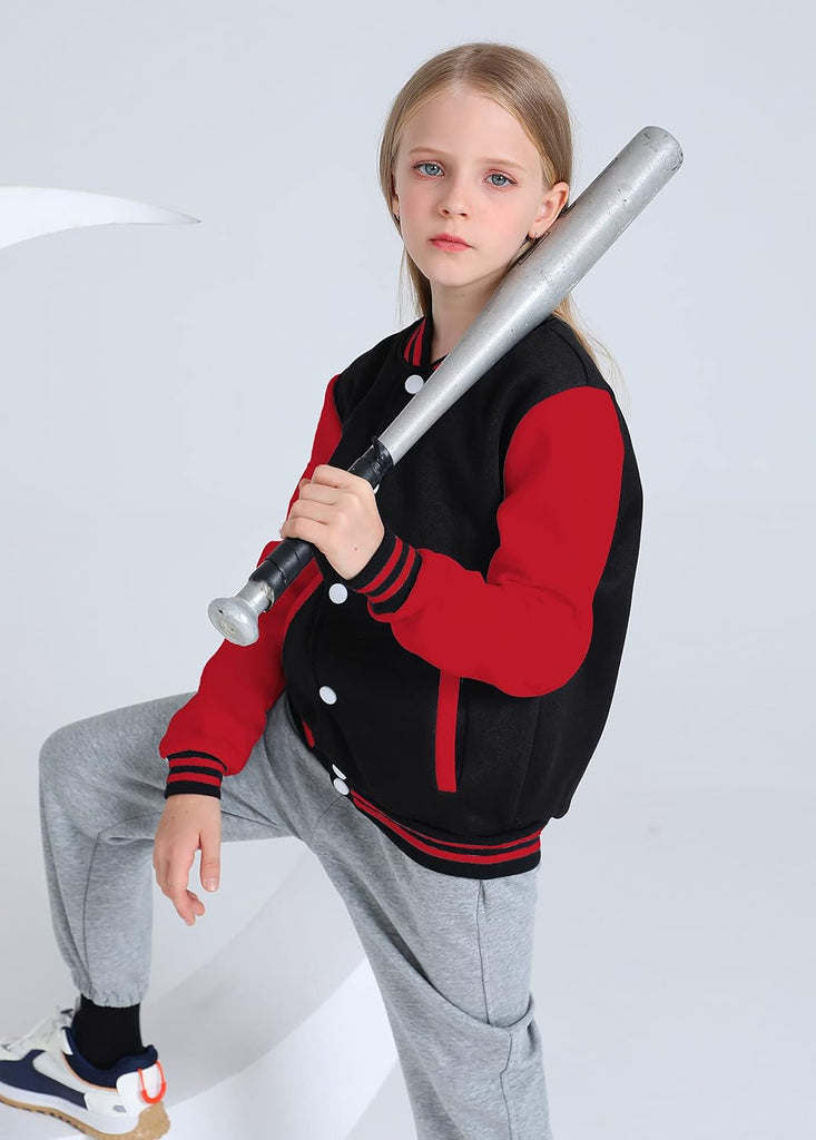 Girls Varsity Jacket Kids Baseball Lightweight Jacket Fleece Coat Button Closure School Outwear