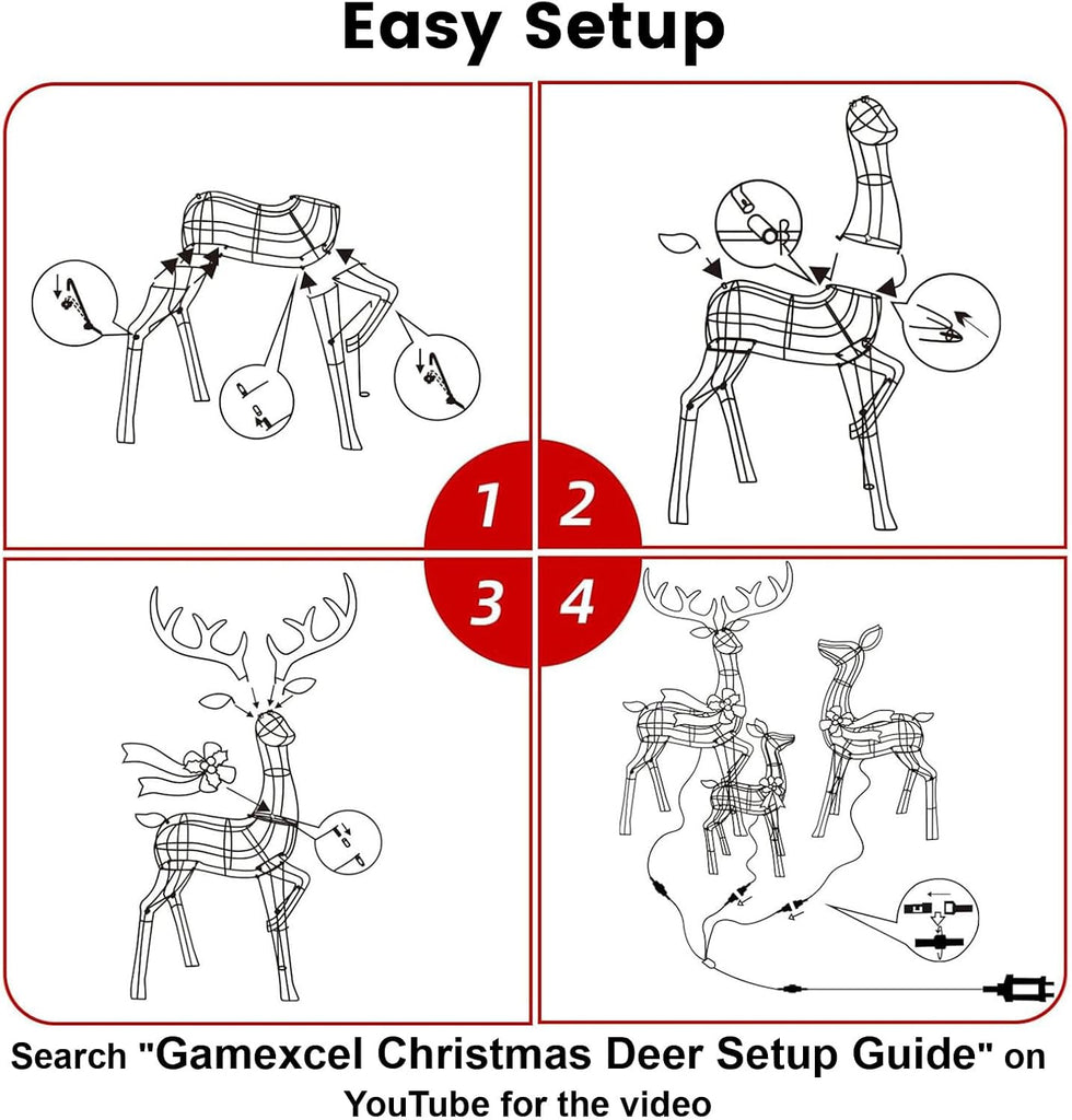 3D Christmas Reindeer Outdoor Decorations - 3 Pieces Set of Gold LED Deer Family with 240 Warm Lights - 5ft Buck &