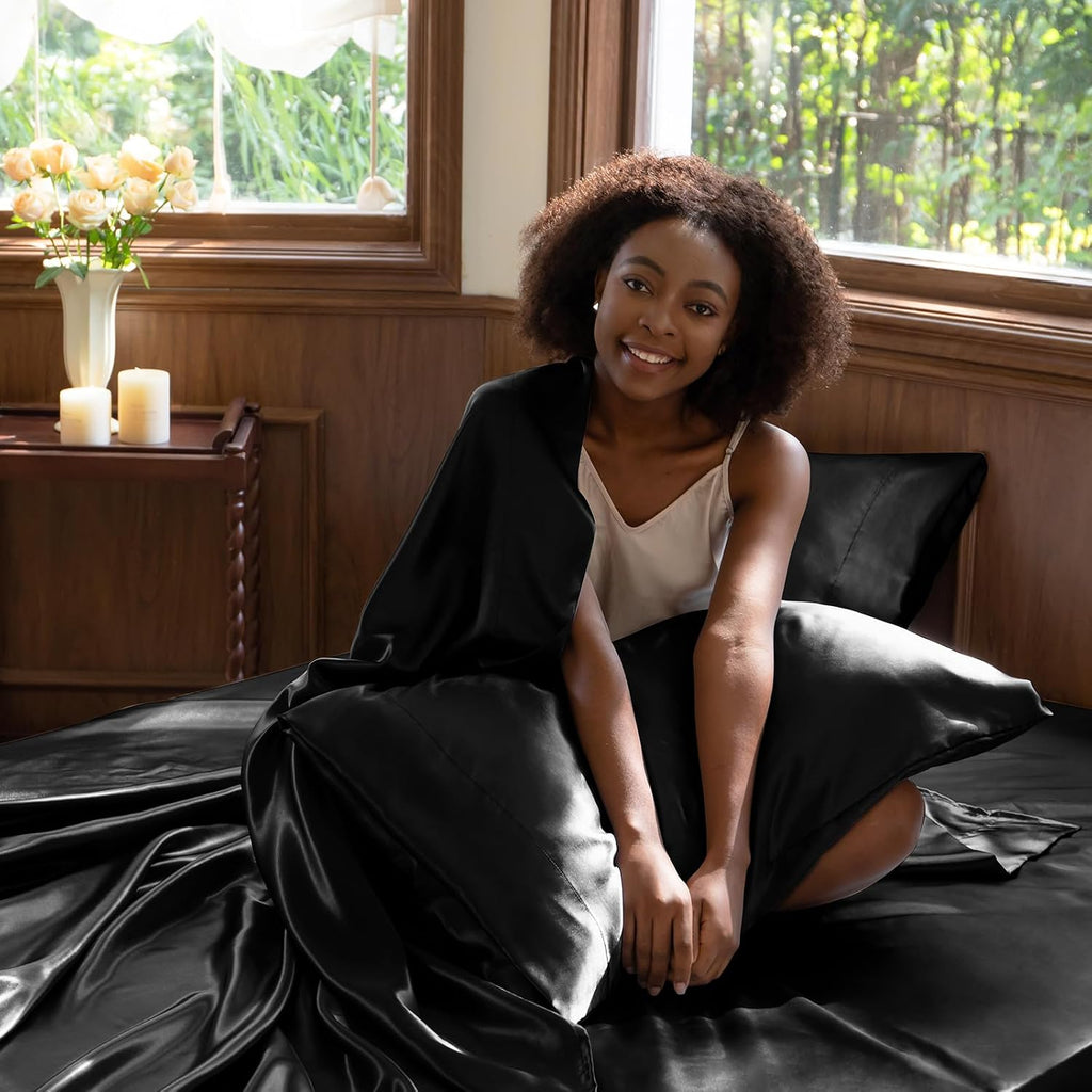 Satin Sheets Queen Bed Set - Silky Soft Bedding Similar to Silk, 4 Piece Sheet Set for Hair and Skin, Deep Pocket