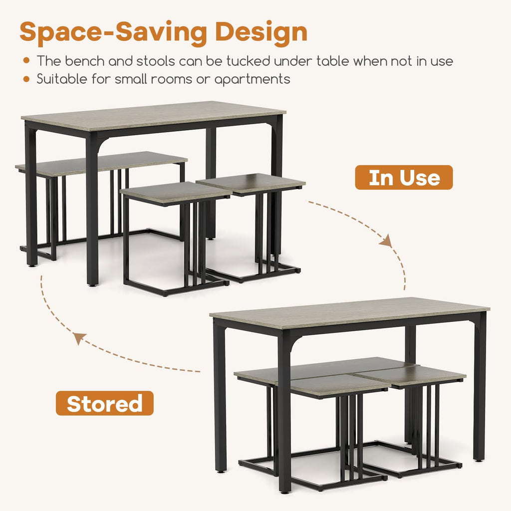 4-Piece Dining Table Set for 4, Rectangular Wood Dining Table with Bench & 2 Stools, Industrial Kitchen Table Set