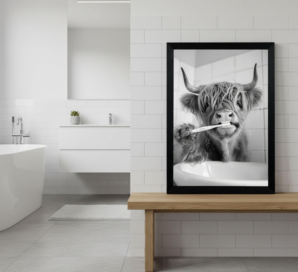 Black Framed-Funny Highland Cow Brushing Teeth Wall Art, Black and White Bathroom Animal Canvas Print, Retro Farmhouse