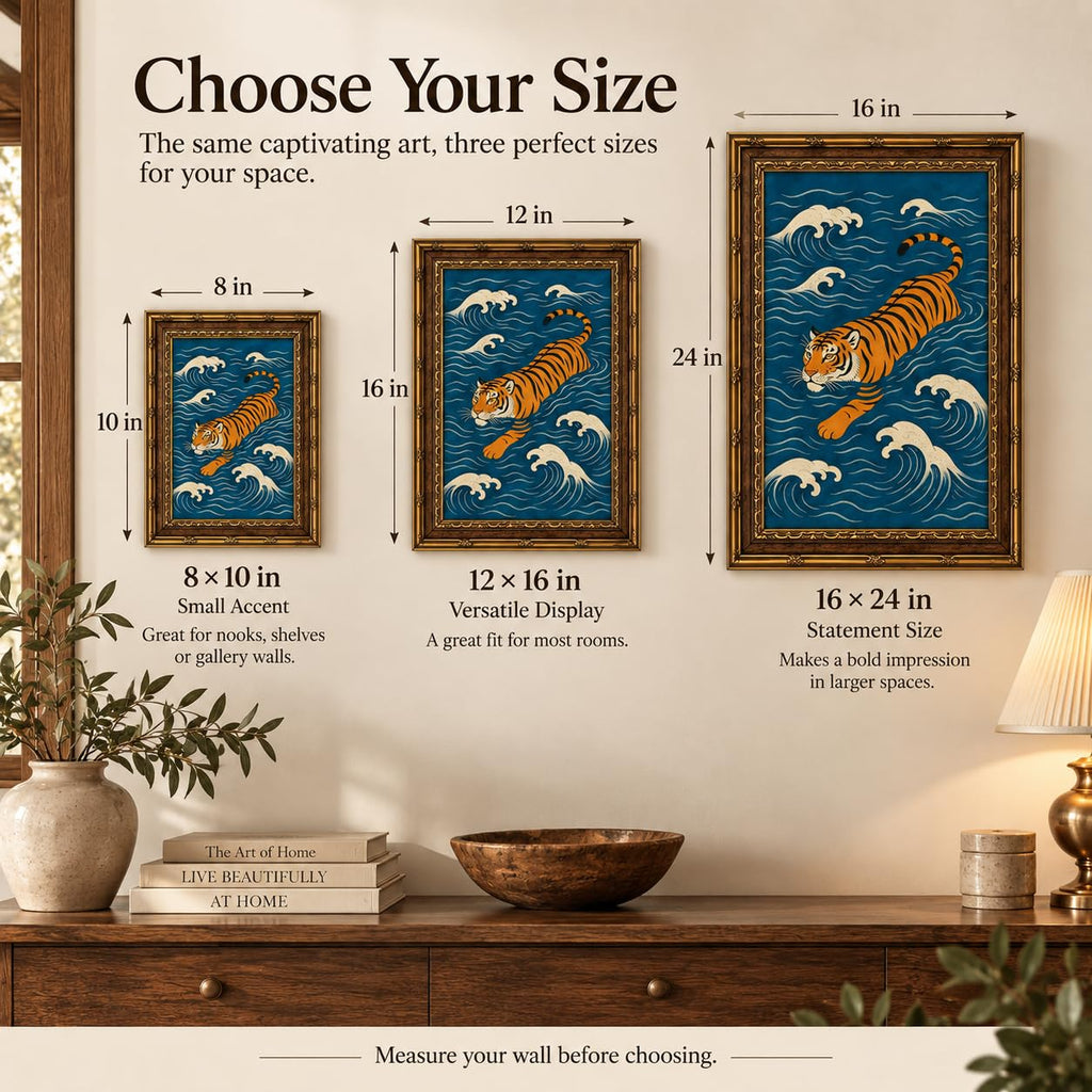 Framed Vintage Japanese Swimming Tiger Wall Art Prints, Ukiyo-e Style Canvas Poster, Funny Wild Animal Paintings