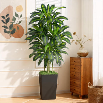 5FT Artificial Dracaena Tree - High-Density Foliage Fake Plant with Black Tall Planter - Faux Yucca Floor Plant Decor