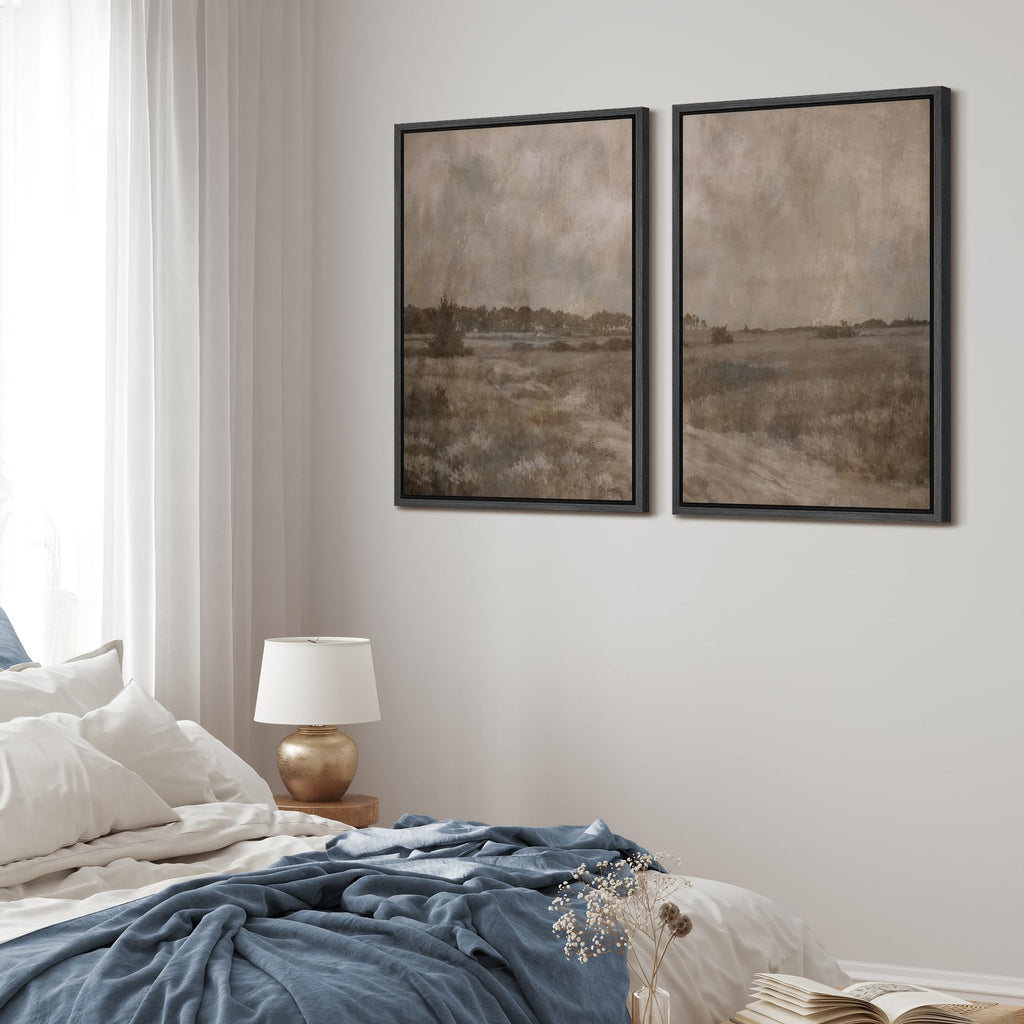 Framed Canvas Print Wall Art Neutral Rustic Countryside Landscape Vintage Field Path and Distant Trees Illustrations