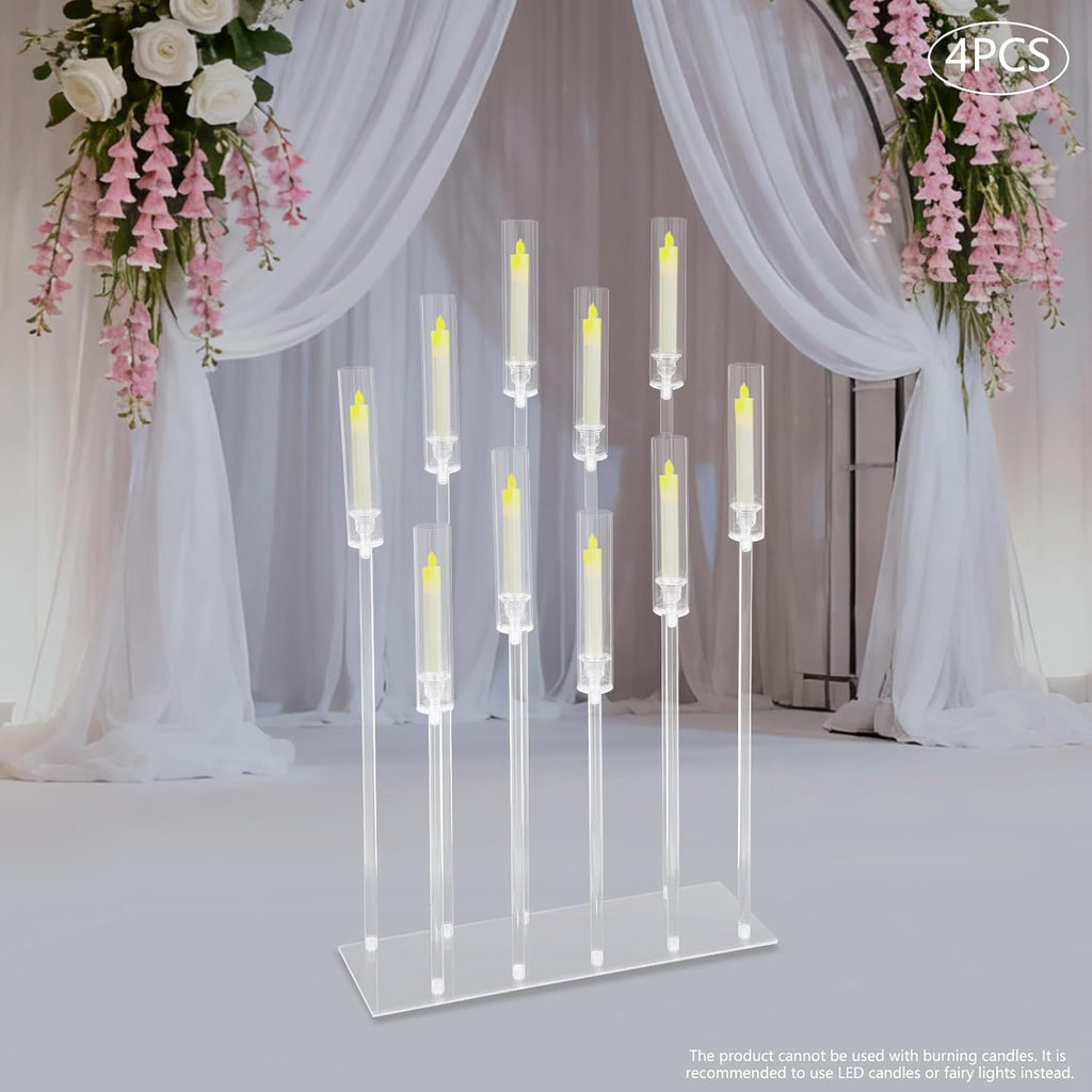 Set of 4 Acrylic Candle Holders with 10 Arms, Clear Modern Rectangular Base Candelabra Centerpiece, Party
