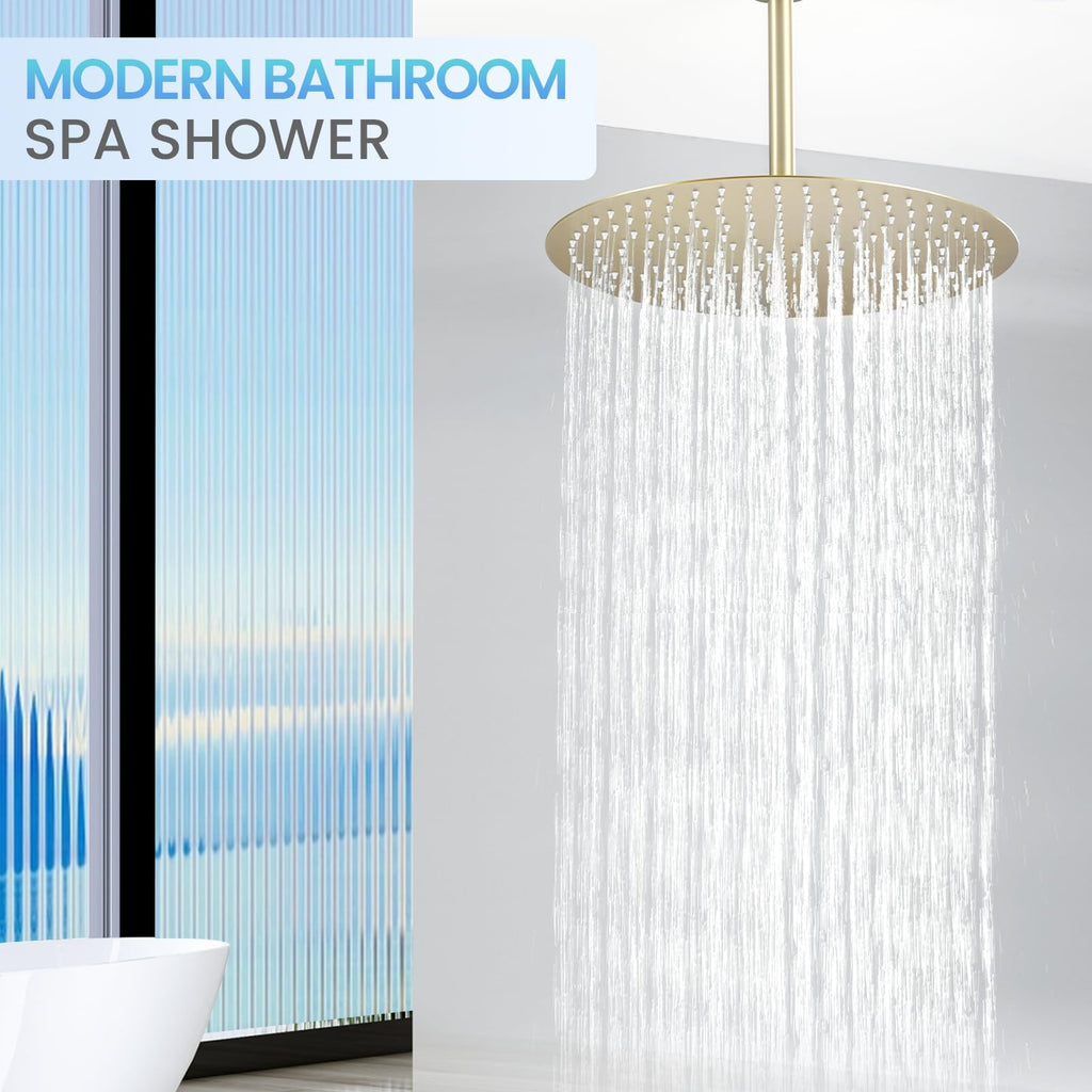 16 inch Brushed Gold Round Rain Shower Head, All Metal Stainless Steel 304, Ultra Thin Design, Full Body Rainfall