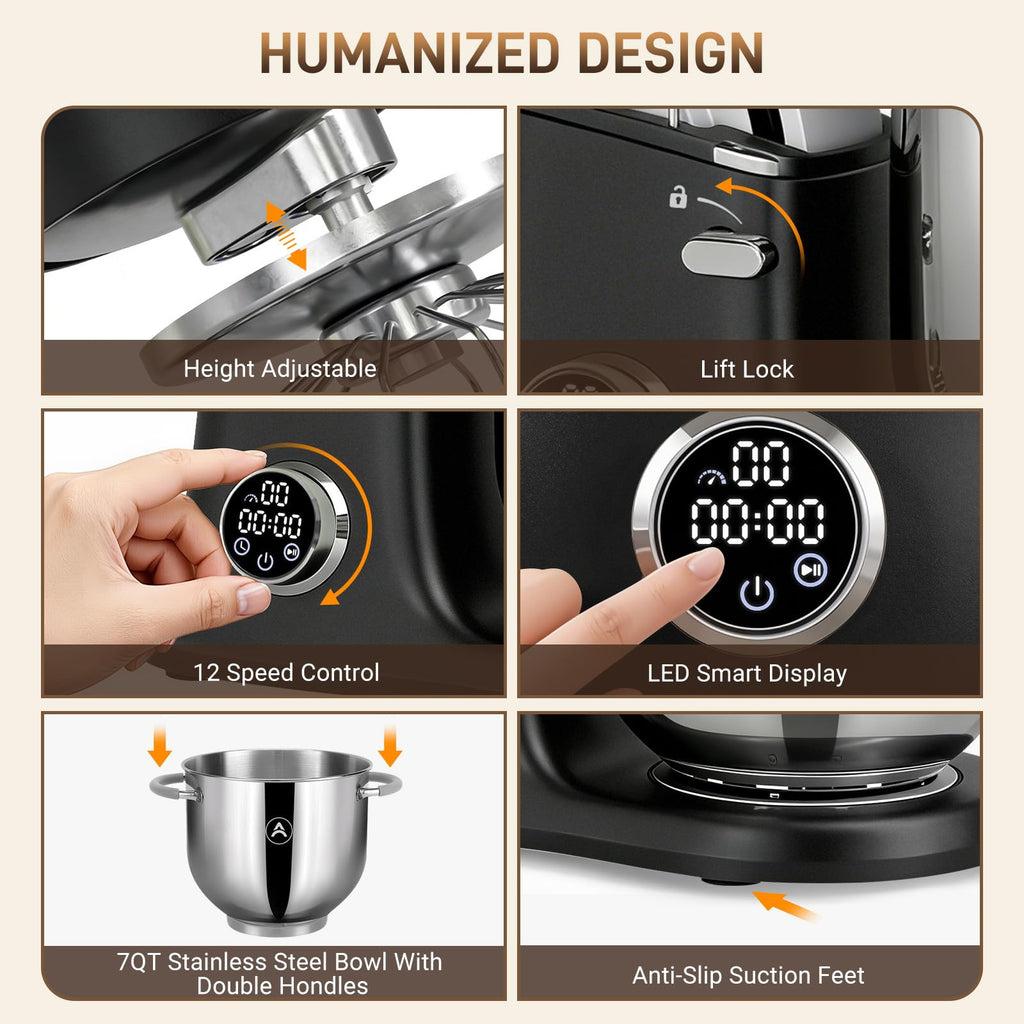 7 Quart Stand Mixer Aluminum Die Casting, 650W 12 Speed Tilt-Head Kitchen Electric Stand Mixer, Household Food Mixer