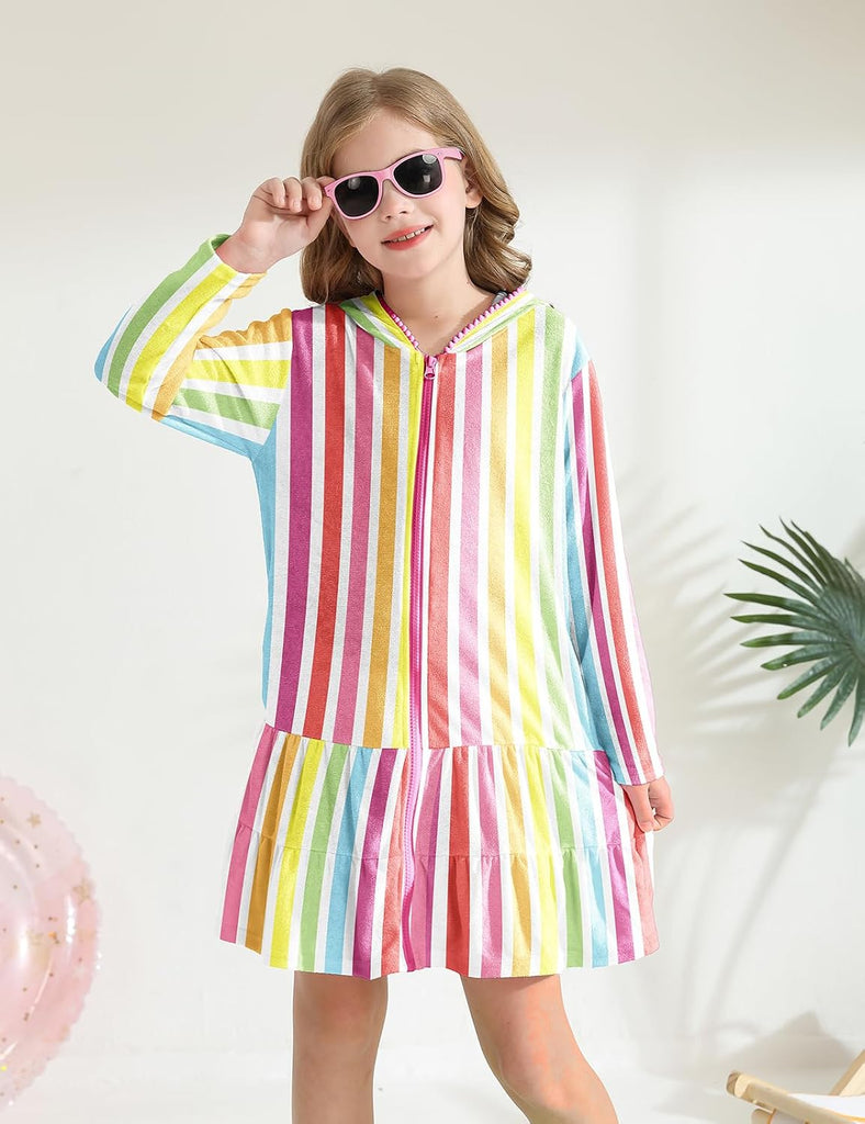 Girls Swim Cover Up Kids Long Sleeve Swimsuit Coverup Terry Beach Pool Clothes with Sunglasses