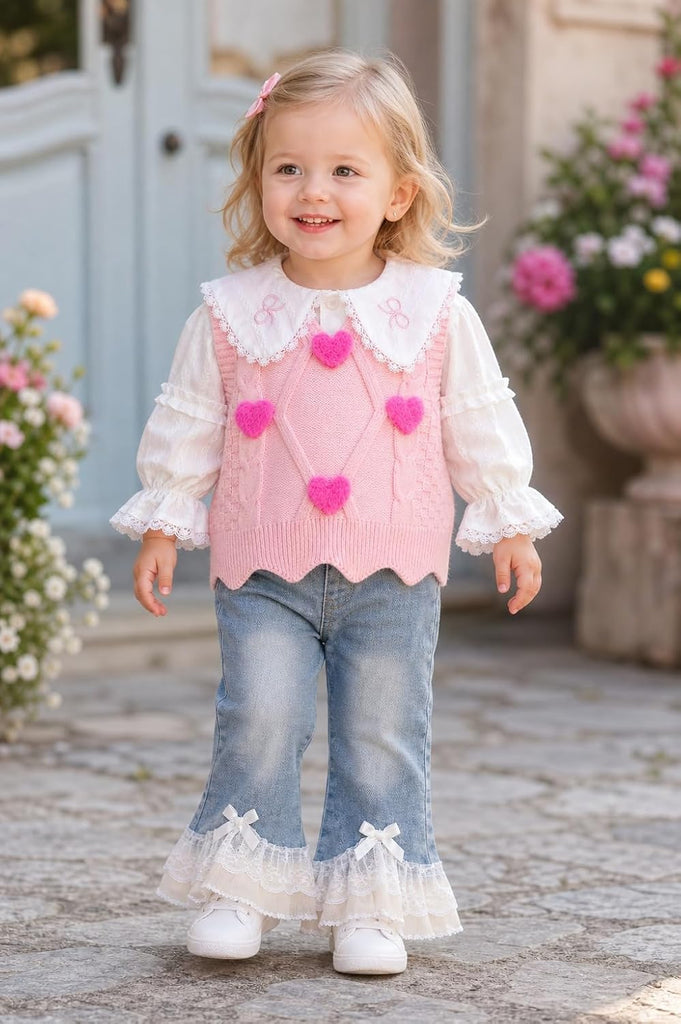 Spring Autumn Summer - Toddler Girl Clothing Sets 3pcs White Shirt Knit Vest Lace Flare Jeans