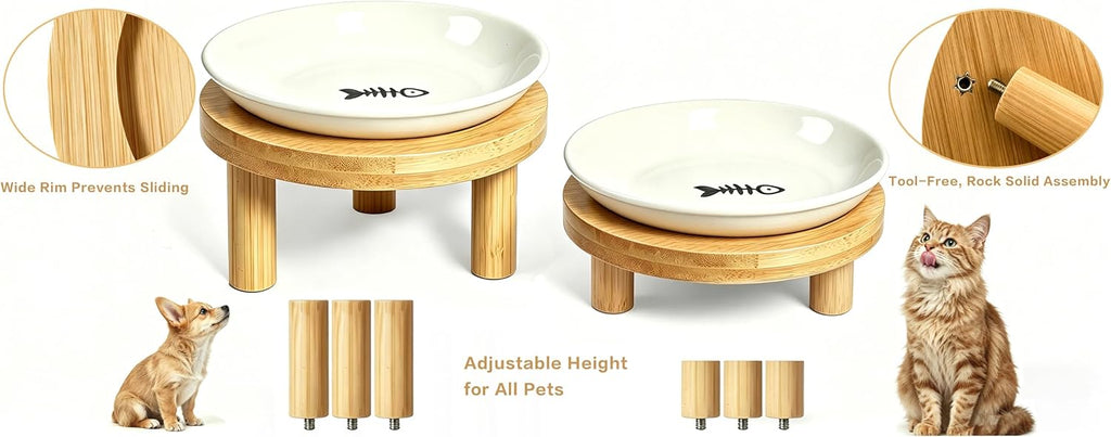 Elevated Cat Bowls Bamboo Stand, Ceramic Feeding Station for Indoor Cats