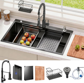 Black Drop Sink: 30in Stainless Steel single bowl Workstation | 8.68 Spacious Single Basin Speeds Up Post Feast