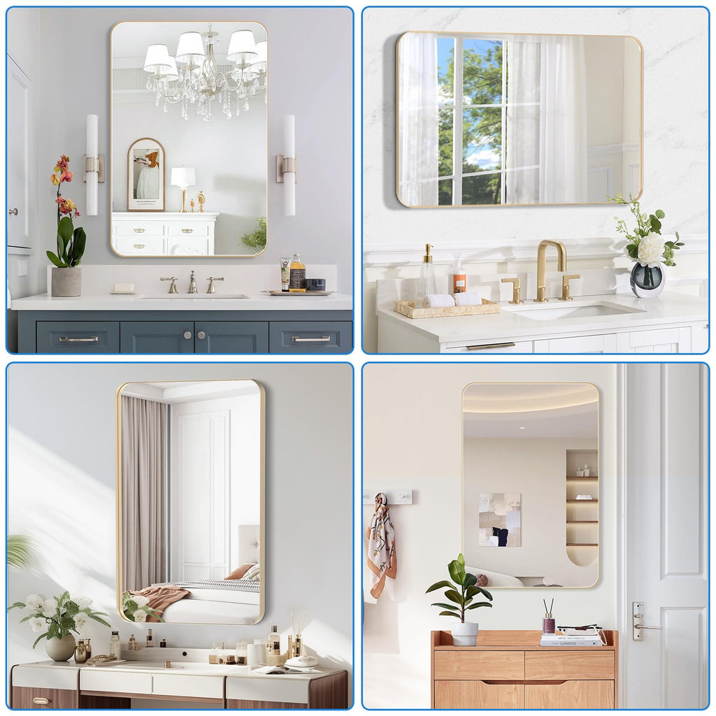 Brushed Gold Bathroom Mirror 24x36 Inch, Rounded Rectangular Bathroom Mirrors, Aluminum Alloy Frame Bathroom Mirror