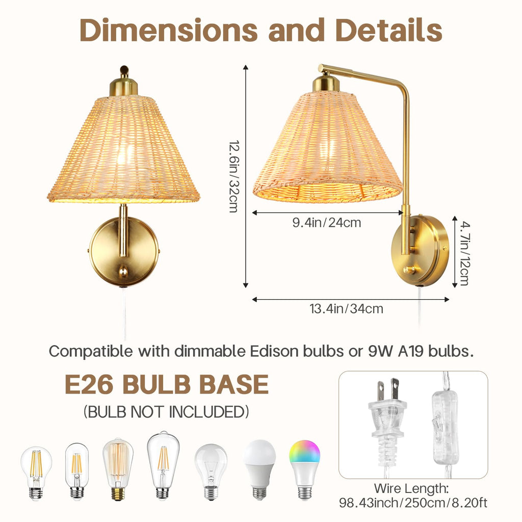 Plug in Rattan Wall Sconce Set of 2, Boho Woven Brown Wall Lamps with Gold Arm, Dimmable Switch Light Fixture, Rustic